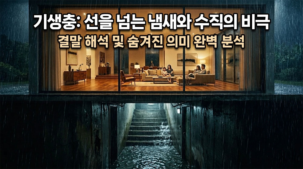 비가 쏟아지는 밤, 화려한 저택의 밝은 거실 창문과 그 아래 어둡고 좁은 지하실 계단을 대비시킨 서늘한 시네마틱 썸네일. 상단에 굵고 명확한 한글 타이틀: "기생충: 선을 넘는 냄새와 수직의 비극" (밝은 흰색 텍스트에 어두운 테두리), 그 아래 "결말 해석 및 숨겨진 의미 완벽 분석". 전체적으로 빈부격차를 상징하는 명암 대비가 뚜렷한 분위기.