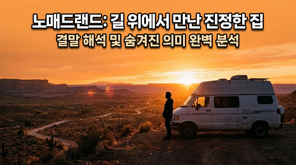 끝없이 펼쳐진 광활한 황야의 노을 속, 하얀 밴 옆에 서서 지평선을 바라보는 펀(프란시스 맥도맨드)의 뒷모습이 담긴 쓸쓸하면서도 아름다운 시네마틱 썸네일. 상단에 굵고 명확한 한글 타이틀: "노매드랜드: 길 위에서 만난 진정한 집" (밝은 흰색 텍스트에 어두운 테두리), 그 아래 "결말 해석 및 숨겨진 의미 완벽 분석". 전체적으로 따뜻한 오렌지와 짙은 푸른색이 교차하는 황혼의 색감.