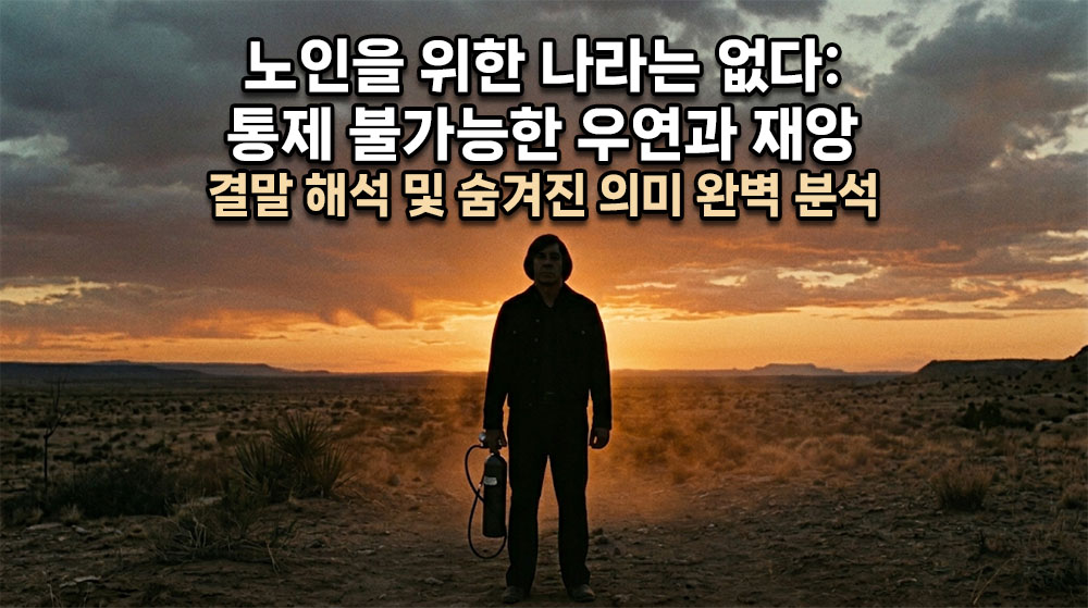 끝없이 펼쳐진 황량한 텍사스 사막의 일몰을 배경으로, 한 손에 산소통을 든 단발머리 살인마(안톤 쉬거)의 서늘한 실루엣이 담긴 스릴러 시네마틱 썸네일. 상단에 굵고 명확한 한글 타이틀: "노인을 위한 나라는 없다: 통제 불가능한 우연과 재앙" (밝은 흰색 텍스트에 어두운 테두리), 그 아래 "결말 해석 및 숨겨진 의미 완벽 분석". 전체적으로 건조하고 차가운 서부극 톤.