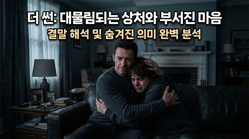 어둡고 차가운 거실에서 깊은 슬픔에 빠진 얼굴로 10대 아들을 껴안고 있는 아버지(피터)의 모습이 담긴 무겁고 감성적인 시네마틱 썸네일. 상단에 굵고 명확한 한글 타이틀: "더 썬: 대물림되는 상처와 부서진 마음" (밝은 흰색 텍스트에 어두운 테두리), 그 아래 "결말 해석 및 숨겨진 의미 완벽 분석". 전체적으로 그림자가 짙게 깔린 우울하고 먹먹한 분위기.