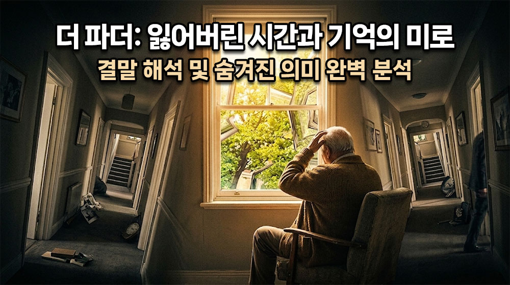 가디건을 입은 노인(앤서니 홉킨스)이 혼란스러운 표정으로 창밖의 푸른 잎사귀를 바라보는 뒷모습과, 그의 주변으로 미로처럼 겹쳐지고 왜곡된 아파트 복도가 담긴 심리 스릴러 분위기의 시네마틱 썸네일. 상단에 굵고 명확한 한글 타이틀: "더 파더: 잃어버린 시간과 기억의 미로" (밝은 흰색 텍스트에 어두운 테두리), 그 아래 "결말 해석 및 숨겨진 의미 완벽 분석". 전체적으로 차가운 그림자와 따뜻한 햇살이 대비를 이루는 톤.