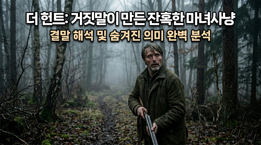 안개가 낀 차갑고 스산한 북유럽의 가을 숲속, 사냥총을 들고 홀로 서서 경계하듯 뒤를 돌아보는 남자(루카스)의 고독하고 상처받은 얼굴이 담긴 심리 스릴러 시네마틱 썸네일. 상단에 굵고 명확한 한글 타이틀: "더 헌트: 거짓말이 만든 잔혹한 마녀사냥" (밝은 흰색 텍스트에 어두운 테두리), 그 아래 "결말 해석 및 숨겨진 의미 완벽 분석". 전체적으로 무채색에 가까운 쓸쓸한 숲의 톤.
