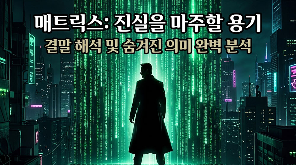 검은색 긴 트렌치코트를 입은 남성(네오)이 녹색 디지털 코드(매트릭스 비)가 흐르는 어두운 디스토피아 도시 배경 앞에 서 있는 강렬하고 신비로운 시네마틱 썸네일. 상단에 굵고 명확한 한글 타이틀: "매트릭스: 진실을 마주할 용기" (밝은 흰색 텍스트에 어두운 테두리), 그 아래 "결말 해석 및 숨겨진 의미 완벽 분석". 전체적으로 사이버펑크와 미스터리한 분위기를 강조.