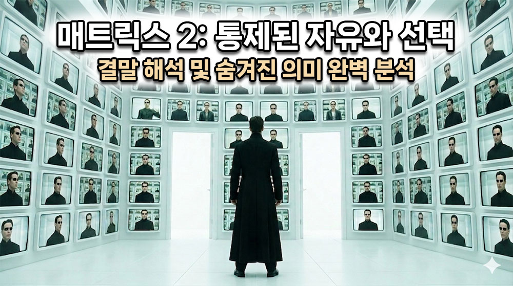 수많은 모니터로 둘러싸인 빛나는 하얀 공간(아키텍트의 방)에서 두 개의 문 중 하나를 향해 서 있는 네오의 뒷모습이 담긴 철학적이고 긴장감 넘치는 시네마틱 썸네일. 상단에 굵고 명확한 한글 타이틀: "매트릭스 2 리로디드: 통제된 자유와 선택" (밝은 흰색 텍스트에 어두운 테두리), 그 아래 "결말 해석 및 숨겨진 의미 완벽 분석". 전체적으로 미래지향적이며 미스터리한 분위기.