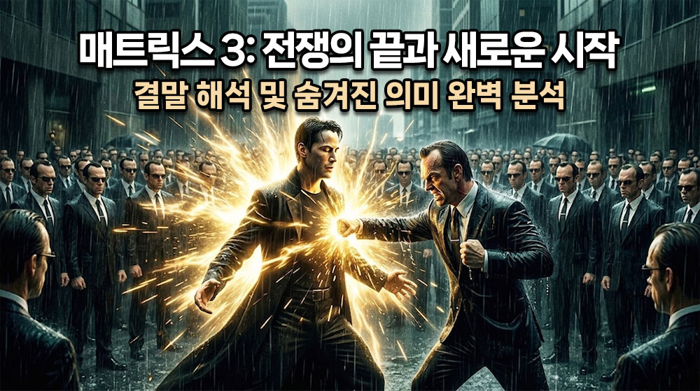 수많은 스미스 요원들이 둘러싼 빗속의 도시, 그 중심에서 밝게 빛나는 황금빛 에너지를 뿜어내며 각성하는 네오와 그에 맞서는 스미스의 마지막 대결을 담은 웅장하고 비장한 시네마틱 썸네일. 상단에 굵고 명확한 한글 타이틀: "매트릭스 3 레볼루션: 전쟁의 끝과 새로운 시작" (밝은 흰색 텍스트에 어두운 테두리), 그 아래 "결말 해석 및 숨겨진 의미 완벽 분석". 전체적으로 어둡고 긴장감 넘치며 희망적인 빛이 공존하는 분위기.