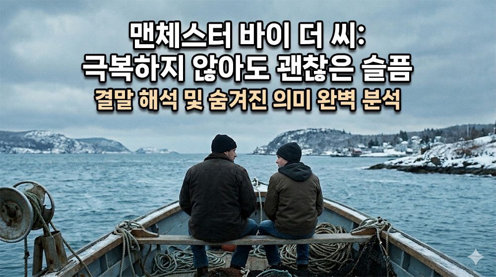 눈 덮인 차가운 겨울 바다를 배경으로, 작은 보트 위에 고개를 숙이고 생각에 잠긴 리(케이시 애플렉)와 조카 패트릭의 뒷모습이 담긴 쓸쓸하고 먹먹한 시네마틱 썸네일. 상단에 굵고 명확한 한글 타이틀: "맨체스터 바이 더 씨: 극복하지 않아도 괜찮은 슬픔" (밝은 흰색 텍스트에 어두운 테두리), 그 아래 "결말 해석 및 숨겨진 의미 완벽 분석". 전체적으로 차갑고 시린 푸른빛과 회색조의 톤.