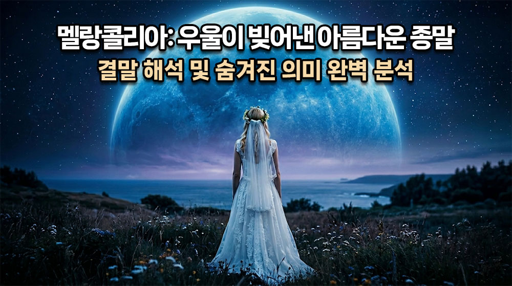 거대한 푸른 행성 멜랑콜리아가 밤하늘을 압도적으로 뒤덮으며 다가오는 가운데, 웨딩드레스를 입고 평온하게 서서 하늘을 올려다보는 저스틴(커스틴 던스트)의 뒷모습이 담긴 몽환적인 시네마틱 썸네일. 상단에 굵고 명확한 한글 타이틀: "멜랑콜리아: 우울이 빚어낸 아름다운 종말" (밝은 흰색 텍스트에 어두운 테두리), 그 아래 "결말 해석 및 숨겨진 의미 완벽 분석". 전체적으로 서늘하고 신비로운 우주의 푸른빛 톤.