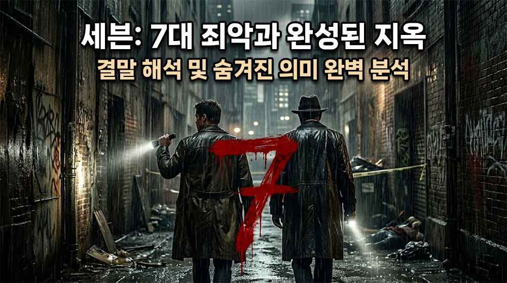 비가 쏟아지는 어둡고 음울한 도시의 골목길, 손전등을 들고 현장을 조사하는 두 형사(밀스와 서머셋)의 뒷모습과 그 위에 붉은색으로 휘갈겨 쓴 '7'이라는 숫자가 겹쳐진 충격적인 스릴러 시네마틱 썸네일. 상단에 굵고 명확한 한글 타이틀: "세븐: 7대 죄악과 완성된 지옥" (밝은 흰색 텍스트에 어두운 테두리), 그 아래 "결말 해석 및 숨겨진 의미 완벽 분석". 전체적으로 탁하고 축축한 회갈색과 핏빛이 감도는 톤.