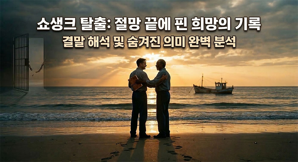 쇼생크 교도소의 무거운 벽에 갇힌 앤디가 빗속에서 자유를 만끽하거나 희망을 향해 서 있는 시네마틱 썸네일 이미지. 상단에 굵고 명확한 한글 타이틀: "쇼생크 탈출: 절망 끝에 핀 희망의 기록" (Bold font), 그 아래 작은 글씨로 "결말 해석 및 숨겨진 의미 완벽 분석". 전체적으로 따뜻하면서도 희망찬 빛을 사용.