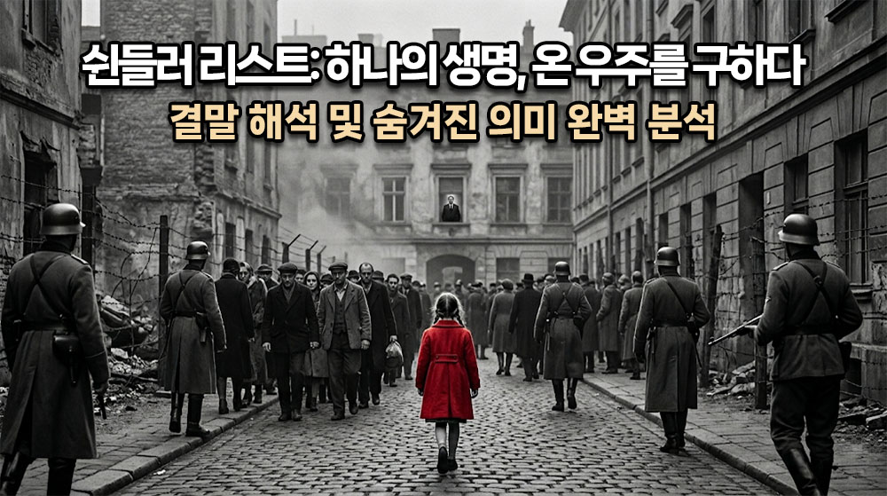 흑백의 참혹한 홀로코스트 배경 속에서 유일하게 붉은색 코트를 입은 작은 소녀의 뒷모습과, 그를 멀리서 지켜보는 오스카 쉰들러의 실루엣이 담긴 묵직하고 시네마틱한 썸네일. 상단에 굵고 명확한 한글 타이틀: "쉰들러 리스트: 하나의 생명, 온 우주를 구하다" (밝은 흰색 텍스트에 어두운 테두리), 그 아래 "결말 해석 및 숨겨진 의미 완벽 분석". 전체적으로 흑백 사진 톤에 붉은색만 선명하게 강조된 톤.