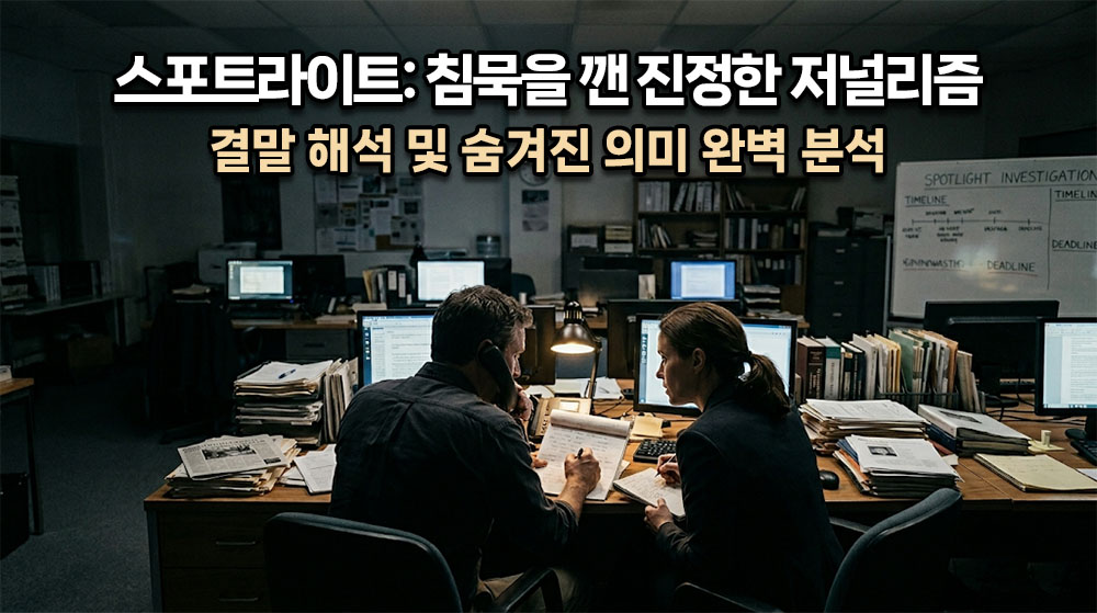 어두운 신문사 사무실, 수많은 서류 더미와 컴퓨터 모니터 불빛 사이에서 수화기를 들고 진실을 향해 귀를 기울이는 기자들의 뒷모습이 담긴 묵직한 저널리즘 시네마틱 썸네일. 상단에 굵고 명확한 한글 타이틀: "스포트라이트: 침묵을 깬 진정한 저널리즘" (밝은 흰색 텍스트에 어두운 테두리), 그 아래 "결말 해석 및 숨겨진 의미 완벽 분석". 전체적으로 차분하고 진중한 사무실 조명 톤.