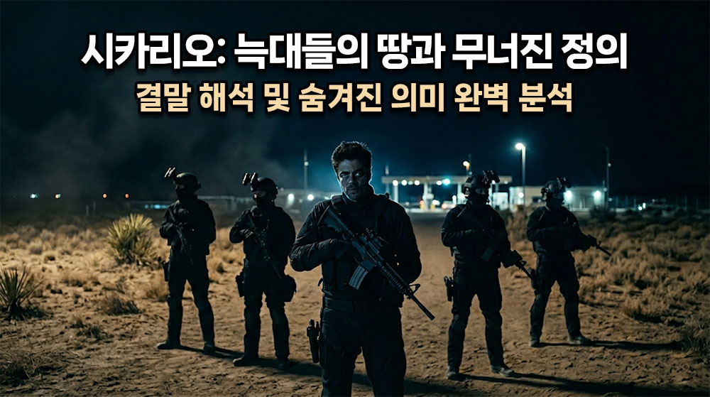 짙은 어둠이 깔린 멕시코 국경 지대, 완전 무장한 특수부대원들과 늑대처럼 차가운 눈빛으로 총을 든 남자(알레한드로)의 실루엣이 담긴 하드보일드 범죄 스릴러 썸네일. 상단에 굵고 명확한 한글 타이틀: "시카리오: 늑대들의 땅과 무너진 정의" (밝은 흰색 텍스트에 어두운 테두리), 그 아래 "결말 해석 및 숨겨진 의미 완벽 분석". 전체적으로 건조하고 긴장감 넘치는 황갈색과 차가운 밤의 푸른빛 톤.