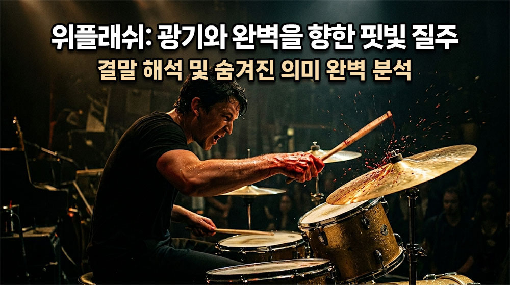 어두운 무대 조명 아래, 땀과 피가 튀는 드럼 심벌즈 위로 스틱을 꽉 쥔 핏빛 손과 미친 듯이 연주에 몰입하는 앤드류(마일즈 텔러)의 실루엣이 담긴 숨 막히는 음악 스릴러 시네마틱 썸네일. 상단에 굵고 명확한 한글 타이틀: "위플래쉬: 광기와 완벽을 향한 핏빛 질주" (밝은 흰색 텍스트에 어두운 테두리), 그 아래 "결말 해석 및 숨겨진 의미 완벽 분석". 전체적으로 금빛 심벌즈와 붉은 피가 강렬하게 대비되는 톤.
