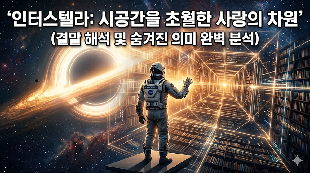 광활하고 신비로운 우주 배경, 거대한 블랙홀 '가르강튀아'의 황금빛 테두리가 빛나는 가운데, 우주복을 입은 쿠퍼의 뒷모습이 시공간이 겹쳐진 5차원 책장(테서랙트)을 향해 손을 뻗고 있는 감성적이고 웅장한 시네마틱 썸네일. 상단에 굵고 명확한 한글 타이틀: "인터스텔라: 시공간을 초월한 사랑의 차원" (밝은 흰색 텍스트에 어두운 테두리), 그 아래 작은 글씨로 "결말 해석 및 숨겨진 의미 완벽 분석" (테두리 적용). 전체적으로 경이로우면서도 따뜻한 오렌지빛과 우주의 깊은 푸른빛이 교차함.