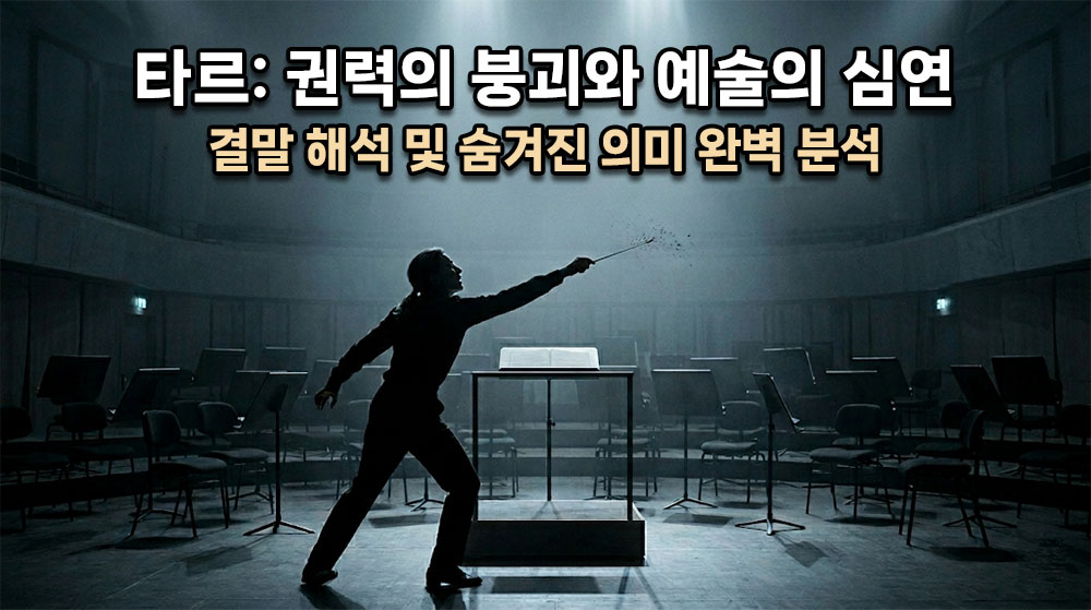 어둡고 차가운 텅 빈 무대 위, 지휘봉을 쥐고 허공을 향해 격렬하게 팔을 뻗은 마에스트로(리디아 타르)의 고독한 실루엣이 담긴 심리 드라마 시네마틱 썸네일. 상단에 굵고 명확한 한글 타이틀: "타르: 권력의 붕괴와 예술의 심연" (밝은 흰색 텍스트에 어두운 테두리), 그 아래 "결말 해석 및 숨겨진 의미 완벽 분석". 전체적으로 건조하고 차가운 회색과 푸른빛이 감도는 톤.