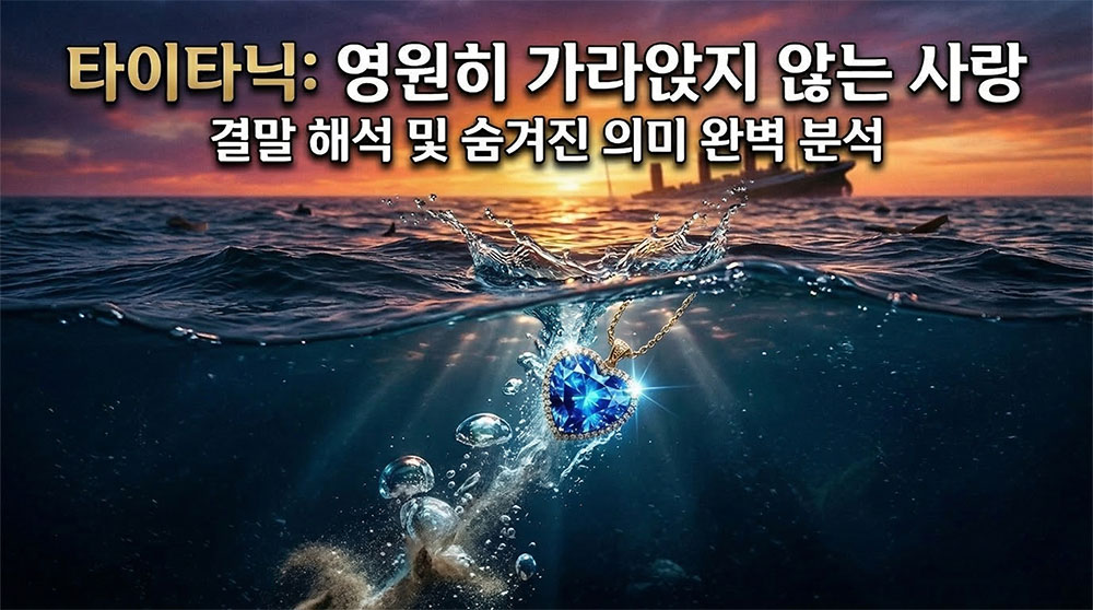 짙고 푸른 바다 위로 노을이 지는 배경, 물결 사이로 푸른 다이아몬드 '대양의 심장' 목걸이가 떨어지며 희미하게 빛나는 감성적인 시네마틱 썸네일. 상단에 굵고 명확한 한글 타이틀: "타이타닉: 영원히 가라앉지 않는 사랑", 그 아래 작은 글씨로 "결말 해석 및 숨겨진 의미 완벽 분석". 전체적으로 노스탤지어와 로맨틱한 분위기를 강조.