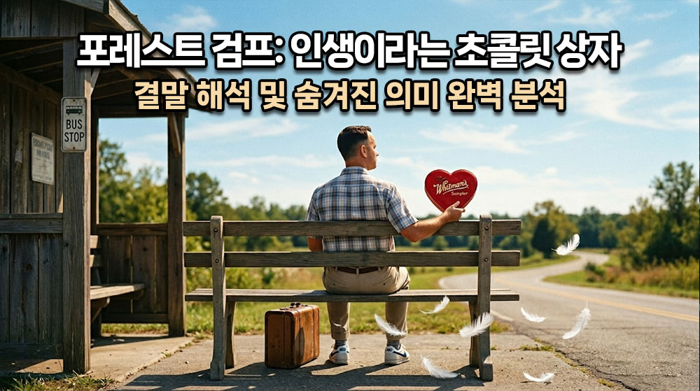 파란 하늘 아래 버스 정류장 벤치에 앉아 초콜릿 상자를 들고 있는 포레스트 검프의 뒷모습과, 그의 발밑으로 하얀 깃털이 날아다니는 따뜻하고 노스탤지어적인 시네마틱 썸네일. 상단에 굵고 명확한 한글 타이틀: "포레스트 검프: 인생이라는 초콜릿 상자" (밝은 흰색 텍스트에 어두운 테두리), 그 아래 "결말 해석 및 숨겨진 의미 완벽 분석". 전체적으로 감동적이고 희망찬 분위기.