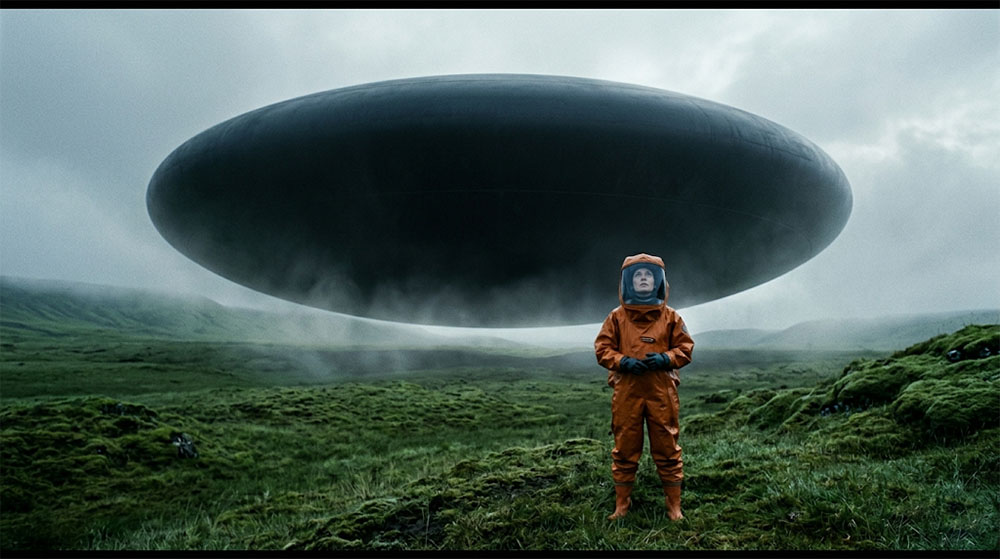 안개 낀 푸른 초원 위에 떠 있는 거대한 타원형의 외계 비행체. 그 거대한 구조물을 향해 방호복을 입고 다가가는 한 여성 언어학자(루이스)의 뒷모습이 담긴 신비롭고 감성적인 SF 시네마틱 썸네일.