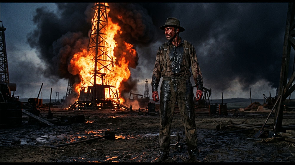 석유 시추탑이 붉게 불타오르는 어두운 밤, 시커먼 석유와 피를 뒤집어쓴 채 탐욕스러운 눈빛으로 서 있는 남자(다니엘)의 고독한 실루엣이 담긴 시네마틱 썸네일.