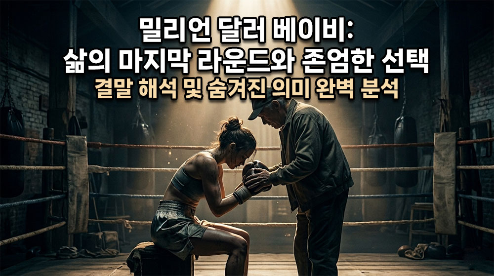 어두운 권투 체육관의 낡은 링 위, 글러브를 낀 채 고개를 숙이고 휴식을 취하는 여성 복서(매기)와 그 곁을 묵묵히 지키는 늙은 트레이너(프랭키)의 애틋한 실루엣이 담긴 시네마틱 썸네일. 상단에 굵고 명확한 한글 타이틀: "밀리언 달러 베이비: 삶의 마지막 라운드와 존엄한 선택" (밝은 흰색 텍스트에 어두운 테두리), 그 아래 "결말 해석 및 숨겨진 의미 완벽 분석". 전체적으로 짙은 어둠 속 한 줄기 빛이 내려오는 묵직하고 감성적인 톤.